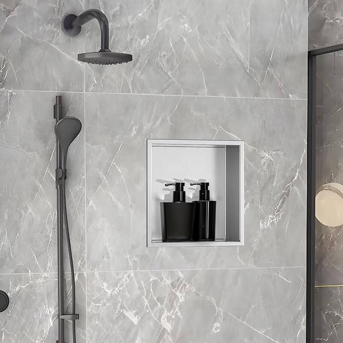 SaniteModar Shower Niche, Stainless Steel Shower Niche 12" X 12" No Tile Needed, Recessed for Bathroom Storage, Brushed Silver (Brushed Silver, 12x12)
