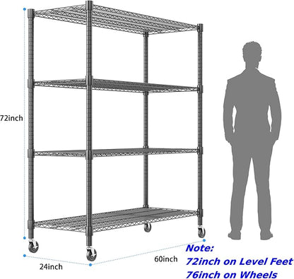 Homdox Heavy Duty Metal Shelves for Storage, 4 Tier Storage Racks and Shelving, Commercial Adjustable Wire Shelving Unit on Wheels, Garage Rack Pantry Shelves Kitchen Shelving, 24"x60"x72", Black