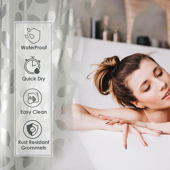 Plastic Shower Curtain Liner, Waterproof Printed PEVA Shower Curtain with Design, Silver Leaf Pattern, Rustproof Grommets, Standard Size 70x72 Bathtub Curtain for Bathroom (Pack of 1)