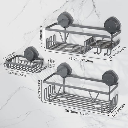 KEGII Suction Cup Shower Caddy – 3 Pack Suction Cup Shelf with Soap Holder & Hooks, Rustproof Stainless Steel Shower Organizer, Removable No Drilling Bathroom Storage Rack, Dark Gray