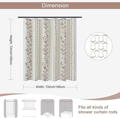 ORTIGIA Farmhouse Floral Shower Curtains for Bathroom Linen Boho Vintage Shower Curtain Set with Metal Hooks Waterproof Block Print Rustic Fabric Bath Curtain for Home, Weighted, 72x72
