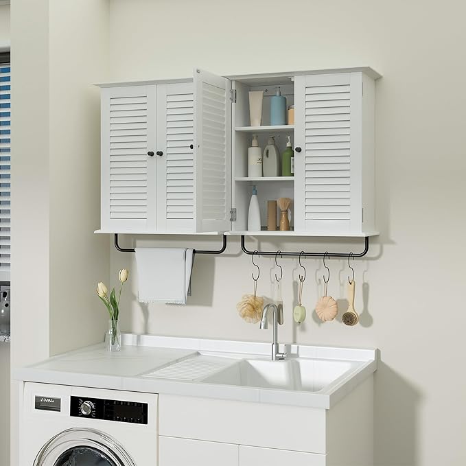 White Wall Mounted Cabinet, Over the Toilet Storage Cabinet, Wooden Wall Cabinet with 2 Doors & Hooks, White Wall Cabinet, Medicine Cabinet Organizer, Storage Cabinets Over Toilet Livingroom Kichen