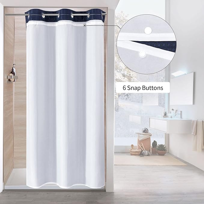 MitoVilla No Hooks Needed Small Stall Shower Curtain Liner Set 36 x 74, Navy Blue Waffle Half Size Narrow Waffle Weave Fabric Shower Curtain Set with Snap-in Liner for Modern Spa-Like Bathroom Decor