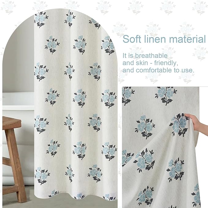ORTIGIA Linen Blue Shower Curtains for Bathroom Boho Farmhouse Block Print Shower Curtain Set with Metal Hooks Floral Waterproof Aesthetic Rustic Fabric Bath Curtain for Home, Weighted, 72x72