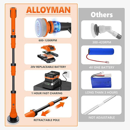 Alloyman 1200RPM Electric Scrubber for Floors,Walls - Replaceable Battery Design for Outdoor Garden, Patio Cleaning Stubborn Stains,Yellow/Black