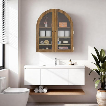 HOACT Arch Bathroom Wall Cabinet with Glass Door, 23.6" Medicine Cabinet with Adjustable Shelves, Natural Above Toilet Storage Cabinet for Kitchen, Laundry Room, Bedroom, Walnut