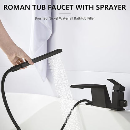 LIWEIKE Black Roman Tub Faucet with Sprayer, Deck Mount Roman Bathtub Faucet Set with Hand Shower for 3 Holes Single Handle Waterfall Tub Filler, Matte Black