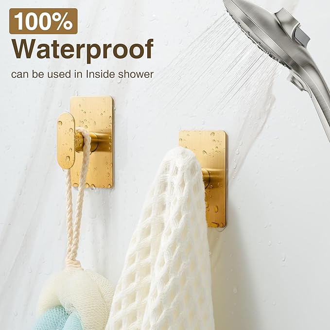 pickpiff Adhesive Towel Hooks for Bathroom: 20LB Extra Strong Wall Hanger for Shower Kitchen RV Dorm Apartment, Gold 4 Pack