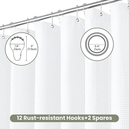 Inhousolu Fabric Shower Curtain Waffle Weave, 230 GSM Heavy Duty, Weighted Hem, 14 Metal Hooks, Water Repellent, Machine Washable, Hotel Spa Luxury Bath Curtain Set, 72 x 96 Inch, White
