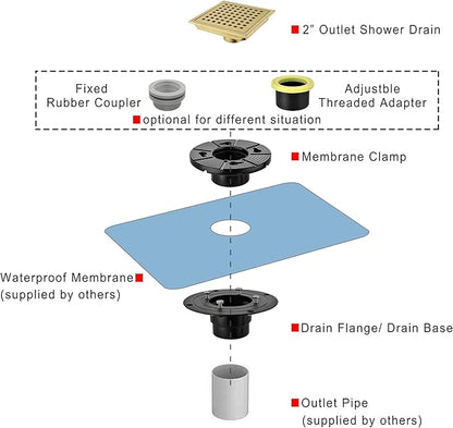 6 Inch Square Shower Drain with Adjustable Shower Drain Base Flange, SUS 304 Stainless Steel Floor Drain with Removable Cover Grid Grate, Brushed Gold Brass Finished