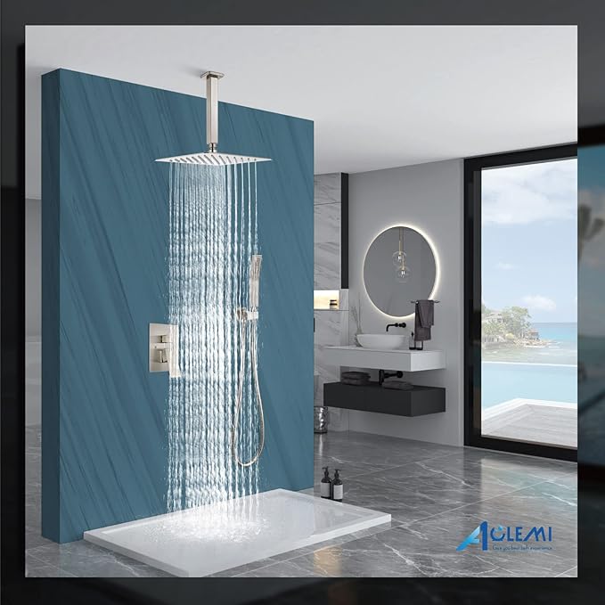 Aolemi Ceiling Mount Shower System Rain Shower Head with Handheld Spray High Pressure Shower Faucet Set Rough-in Valve Shower Trim Kit Included Bathroom Brushed Nickel 12 Inch Ceiling Shower Head