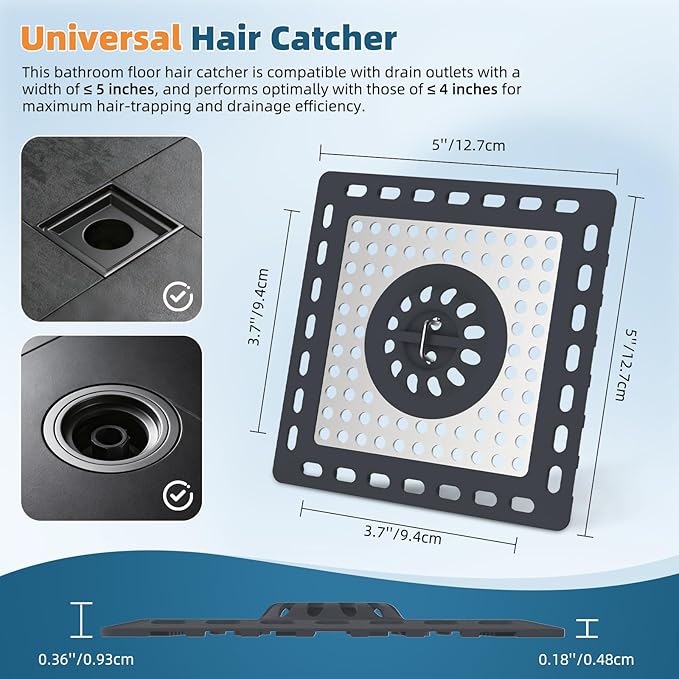Hibbent 2 Pack Shower Drain Hair Catcher, Shower Drain Cover for Bathroom Floor 4" Drain, Anti-Clogging Bathtub Drain Strainer, Stainless Steel Kitchen Sink Drain Strainer with Handle, Dark Grey