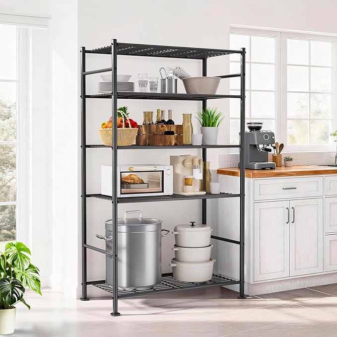 5 Tier Shelf Organizer Rack, Metal Shelving Unit with Adjustable Leveling Feet, Space-Saving Storage Shelves for Garage Closet Laundry Bathroom Kitchen Pantry, 33.07”Wx12.6”Dx72.04”H,Black