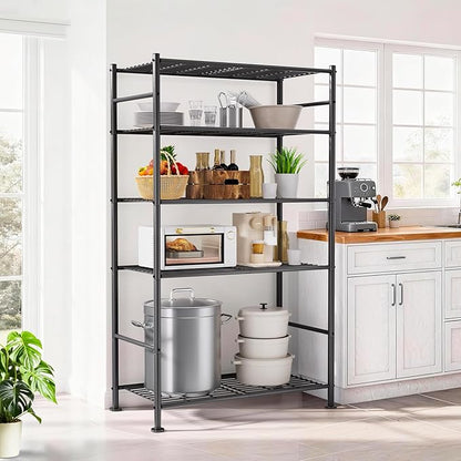 5 Tier Shelf Organizer Rack, Metal Shelving Unit with Adjustable Leveling Feet, Space-Saving Storage Shelves for Garage Closet Laundry Bathroom Kitchen Pantry, 33.07”Wx12.6”Dx72.04”H,Black