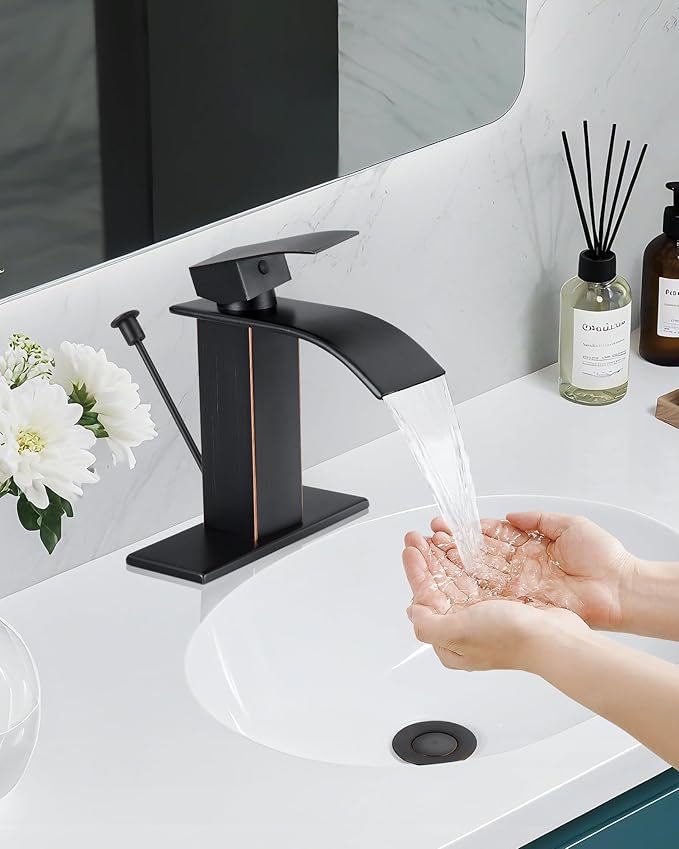 Bathroom Faucets with Lift Rod Drain Oil Rubbed Bronze Waterfall Bathroom Sink Faucet Modern Single Handle Bathroom Faucet for 1 or 3 Hole Mxier Tap Washbasin Faucet with Deck
