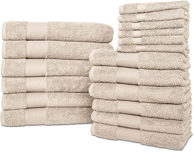 Hencely 18-Piece Bath Towel Set - High Absorbency, Quick Drying - 100% Soft Turkish Cotton - 6 Bath Towels, 6 Hand Towels, 6 Washcloths - Bathroom, Home, Hotel, Spa, and Gym - 18-Pack Beige