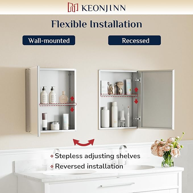 Keonjinn Small-Sized Medicine Cabinet 14.5 x 18.5 in, Assembly Required, Bathroom Medicine Cabinets Mirror, Lightweight, One Shelve Only, Surface Mount or Recessed, Tempered Glass