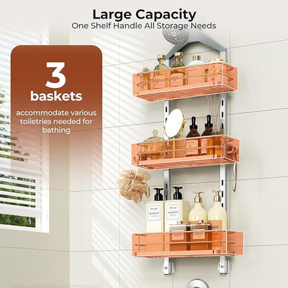 Orimade Aluminum Hanging Shower Caddy Over Head, Adjustable Bathroom Shelf with Hooks, Anti-Slip Rustproof Organizer Storage Rack Basket, Silver, 3 Tier