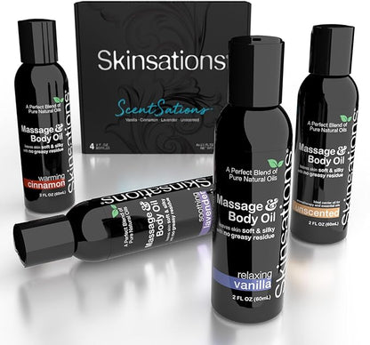 Skinsations - Massage Oil Kit (Set of 4) Natural Scents of Vanilla, Cinnamon, Lavender | Blend of Sweet Almond Oil, Fractionated Coconut Oil, Grapeseed Oil & Jojoba Oil, Travel Size