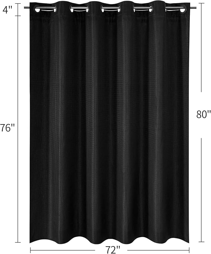 MitoVilla Black Waffle Long Shower Curtain Liner Set 72 x 80, No Hooks Needed 80 inch Long Heavyweight Fabric Shower Curtain Set with Snap-in Liner for Hotel Grade Spa-Like Bathroom Decor