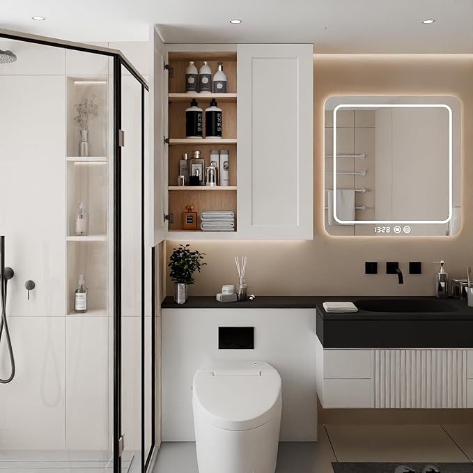 33 Inch Laundry Room Cabinets Wall Mounted, Solid Wood Over The Toilet Storage Cabinet, Bathroom Organizer Cabinets with 2 Shaker Door & 3 Shelves, Easy to Assemble for Kitchen, Garage - White