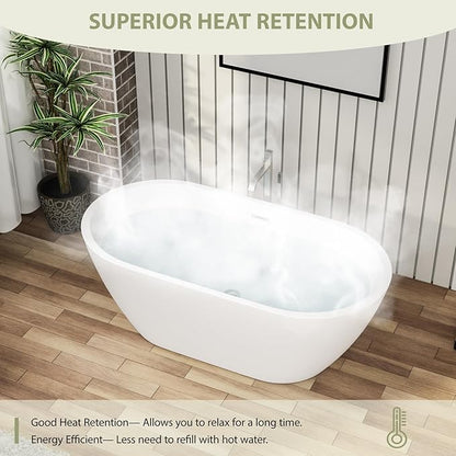 59" Acrylic Freestanding Bathtub - Mocoloo White Oval Shape Soaking Bath Tub with Stainless Drain and Overflow Assembly for Classic Modern Bathrooms