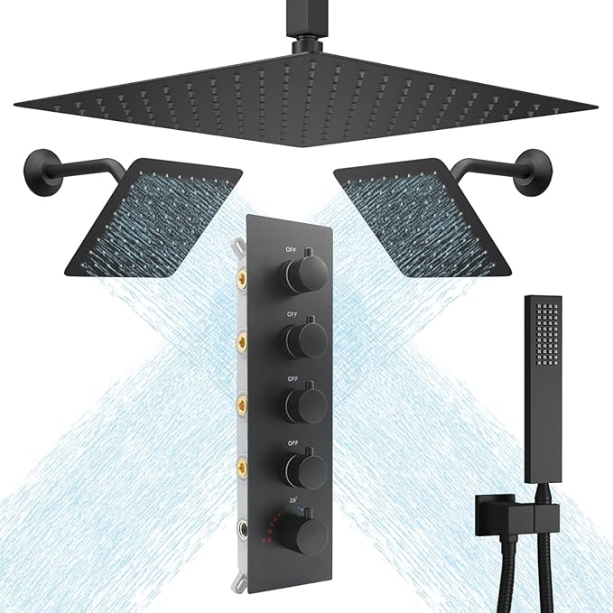 Black Thermostatic Shower System three Shower Heads with 16" Ceiling Mounted Rain Shower Head & 2 x 6" Wall Mounted Head 4 Function Full Body Shower System Can All Run Together