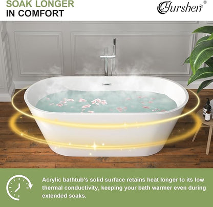 63 Inch Freestanding Bathtub White Acrylic Roll Top Soaking Tub with Chrome Drain Spacious Tub for Modern Homes, YSB9221