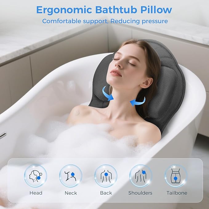 Full Body Bath Pillow for Tub Ergonomic Bathtub Pillow for Neck and Back Support,4D Mesh Bathtub Cushion with 10 Non-Slip Suction Cups