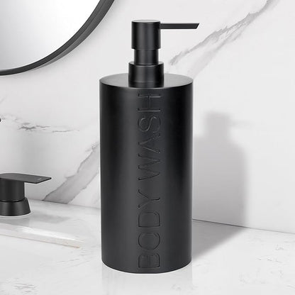 Matte Black Body Wash Dispenser Luxurious Refillable Pump Bottle with Embossed Text, Durable Construction for Bathroom and Shower