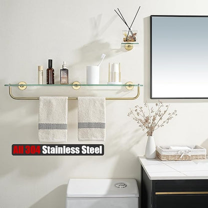 JQK Bathroom Glass Shelf, Shelf with 29 Inch Towel Bar Tempered Glass Shower Storage 30 by 5 inches, 304 Stainless Steel Brushed Gold Wall Mount, TGS100L30-BG