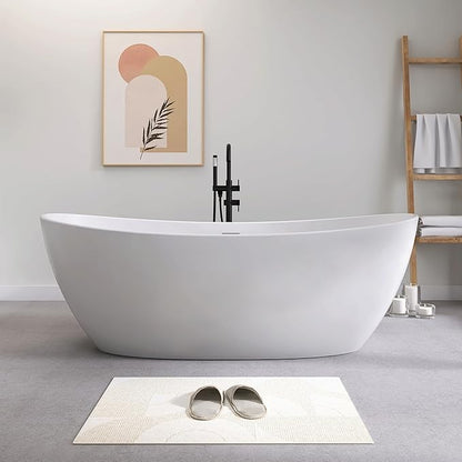 SJ STAR&JANE 73" Solid Surface Freestanding Bathtub Stone Resin Tub Oval Double Slippers Stand Alone Soaking Tub with Pop-up Drain and Overflow, Matte White