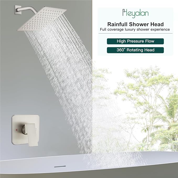 Heyalan 8 Inch Shower Head and Handle Set Square Shower Faucet Set Bathroom Rainfall Shower System Stainless Steel Showerhead Single Function Shower Trim Kit,Female Thread Valve,Brushed Nickel