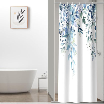 Colorful Star Blue Eucalyptus Waterproof Shower Curtain Set with Hooks, Minimalist Watercolor Floral Print Bathroom Décor, Plant Leaves Washable Fabric Shower Curtain, 36 x 72 Inch