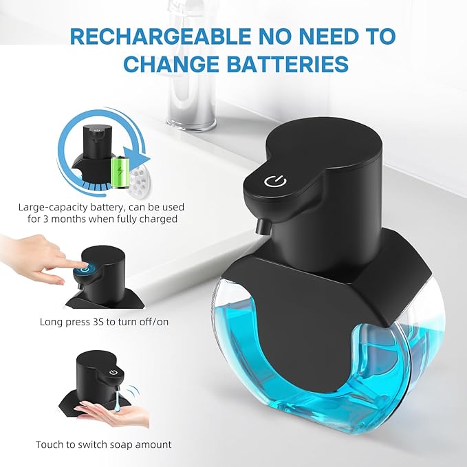 Automatic Soap Dispenser Touchless,14.2oz/420ML Auto Liquid Soap Dispenser,Rechargeabled Wall Mounted Smart Pump for Bathroom Kitchen,Black