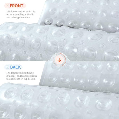 Anti-Slip Bathtub Shower mat, 27.5×14.5（Approximately 70×37cm） inch Soft Oversized Machine Washable Non-Slip Bathtub mat with Drainage Holes, Bathroom Floor Suction Cup.（1-Clear White）
