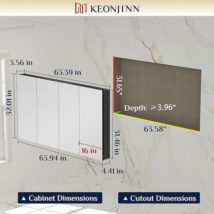 Keonjinn 64 x 32 Inch Medicine Cabinet, Assembly Required, Black Bathroom Medicine Cabinets Mirror, Lightweight, Adjustable Shelves, Surface Mount or Recessed, Tempered Glass