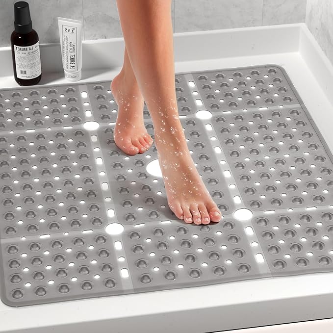 Large Square Shower Mat Non Slip 27 x 27 Inch, Soft Bath Mat Tub Mat for Inside Shower Bathroom Floor, Shower Stall Mats With Big Suction Cup Drain Holes, Easy Washable, BPA-Free, Clear Gray