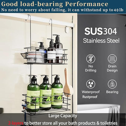 Shower Organizer Hanging Shower Caddy with Rotatable Hook bar Over the Door and Can be Hung on the Faucet or Claw Foot, Stainless Steel Rust Proof and Durable （Black）