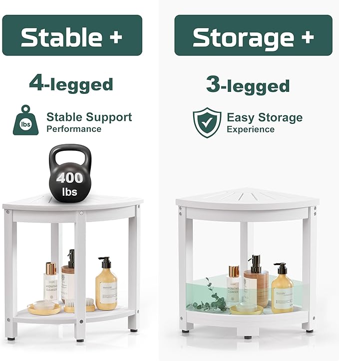Waterproof Corner Shower Stool for Inside Shower, Poly Lumber Shower Bench Seat Chair, Bath Shower Stool for Shaving Legs Foot Rest with Storage Shelf, Adjustable & Non-Slip Feet, White