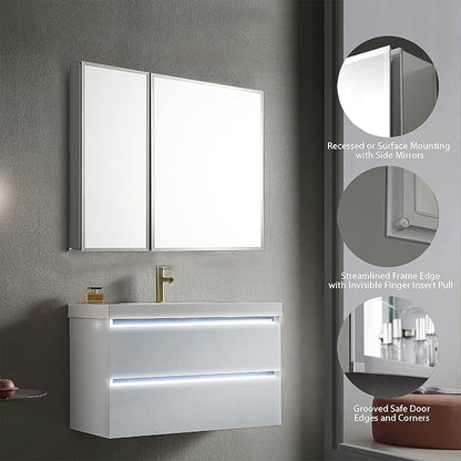 Blossom 25x26 Inch Aluminum Medicine Cabinet with Mirror – Recessed or Surface Wall Mounted Bathroom Storage with Adjustable Glass Shelves, Soft Close Hinges, Rust-Resistant and Modern Mirrored Design