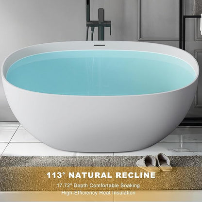 Stone Resin Freestanding Bathtubs,Soklawah 67" Solid Surface Luxury Soaking Tub,Oval Stand Alone Bathroom Bath tub with Drain & Integrated Slotted Overflow,Matte White Elegant Soaker Free Standing Tub