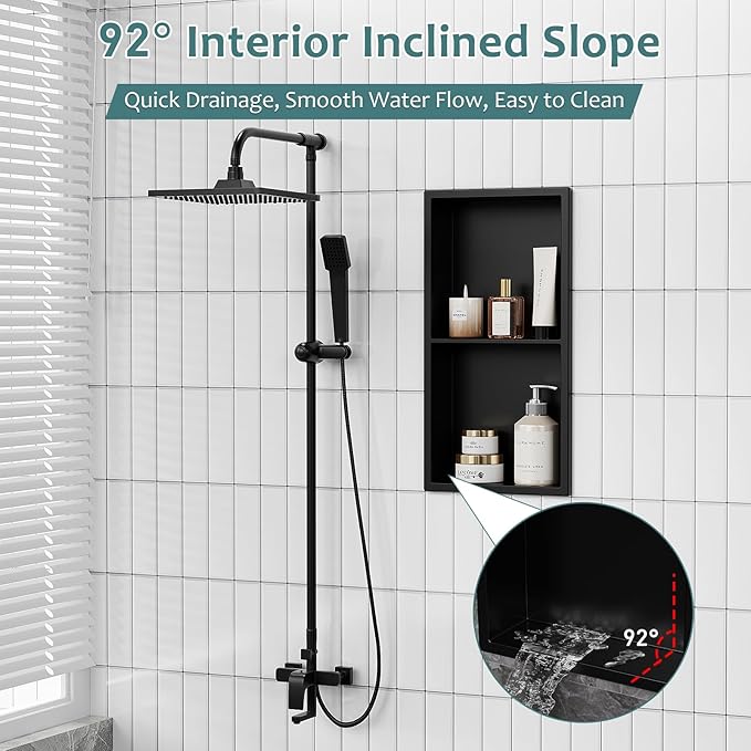 No Tile Needed Shower Niche, 24" X 12"(Outside Size 25.4"X13.4") Bathroom Niche for Shower Wall, Recessed Black Stainless Steel Wall Cabinet Insert for Bathroom