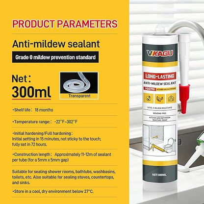 VGS 798 Professional Silicone Sealant Caulk 10.15 Oz Cartridge, 4 Pack - for Kitchen & Bathroom, Clear 100% Waterproof Silicone Sealant, Shrink-Resistant & Crack-Resistant