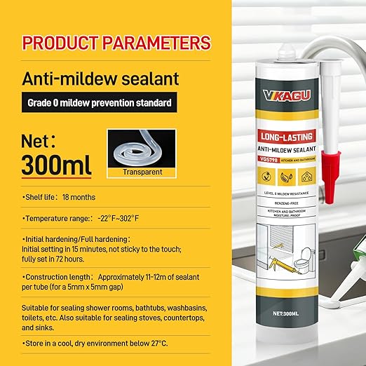 VGS 798 Professional Silicone Sealant Caulk 10.15 Oz Tube for Kitchens & Bathrooms, White, 100% Waterproof Silicone Sealant, Shrink-Resistant & Crack-Resistant