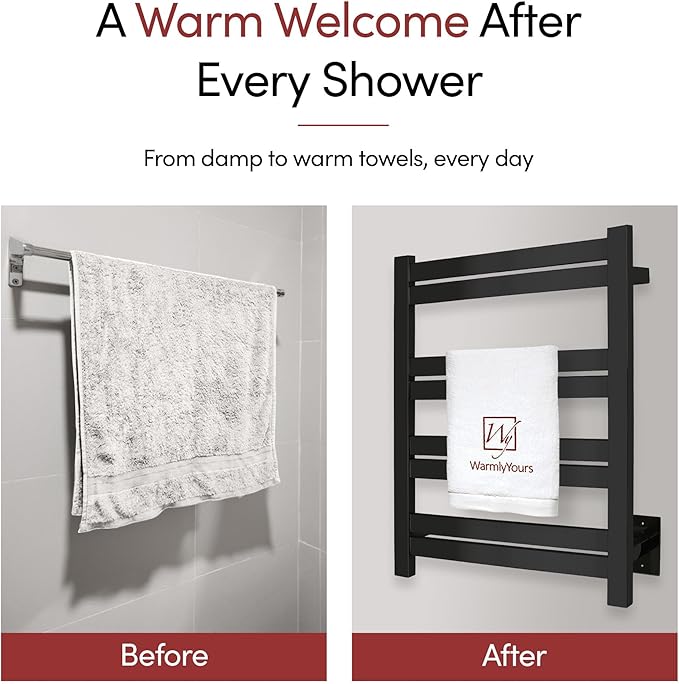 WarmlyYours Heated Towel Warmer Rack, 8-Bar, Hardwired, Integrated On/Off Switch with Light, 304-Stainless Steel (Maple)