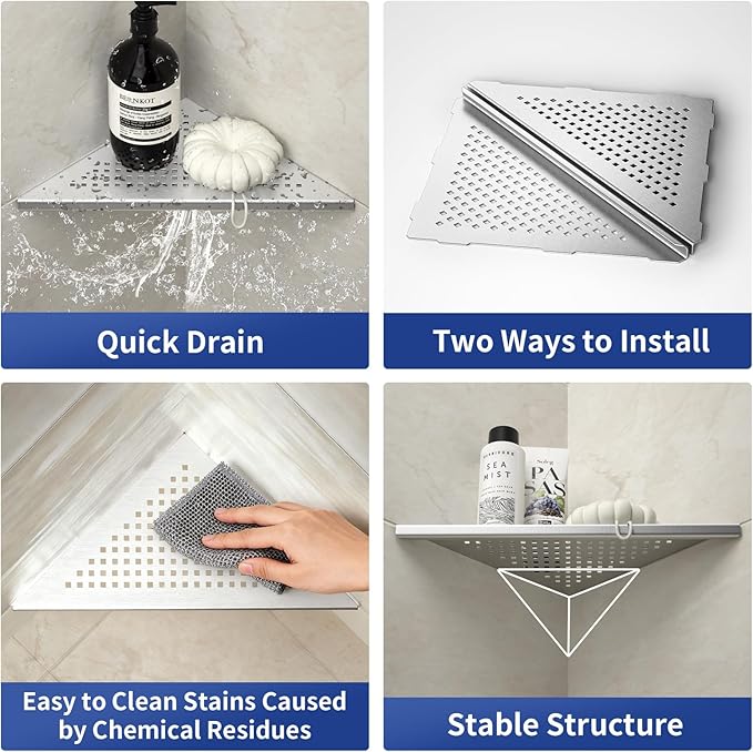 Corner Shower Shelf, 304 Stainless Steel 10" Brushed Recessed Shelf for Bathroom, Grout in Shelf for Tiled Wall