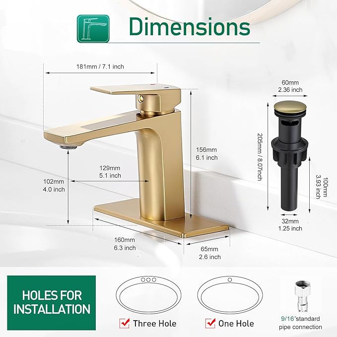 VOTON Brushed Gold Bathroom Sink Faucet Single Handle with Pop-up Drain Faucets for Sink 1 Hole or 3 Hole with Deck Plate Rv Lavatory Vanity Faucet