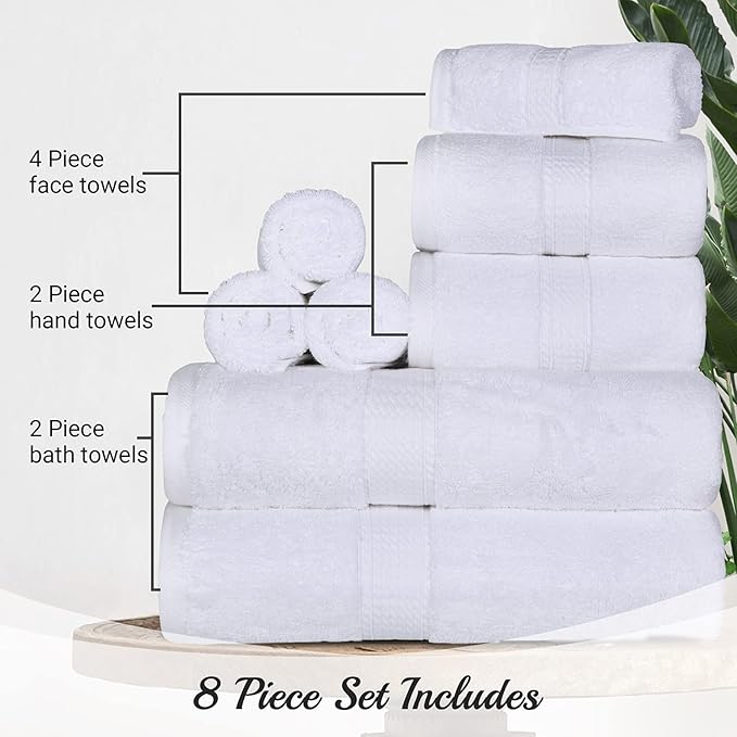 BLUENILEMILLS Madison Egyptian Cotton Towels, Towel Set for Bathroom, Shower, Hotel, Plush, 800 GSM, Highly Absorbent and Ultra-Soft Towels, Bath Essentials, 8 Piece Assorted Towel Set, White