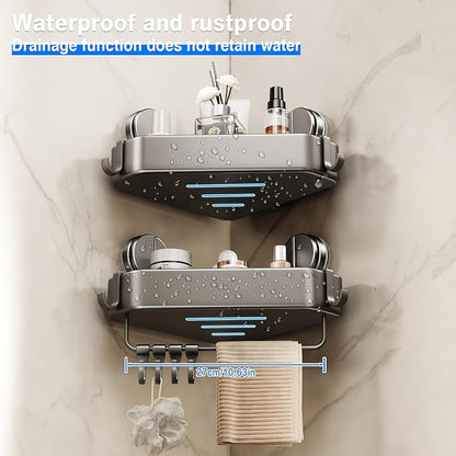 Suction Cup Shower Caddy Corner, 1 Pack Suction Corner Shower Shelves No Drilling, Rustproof Shower Organizer Suction Cup with Towel Holder & Hooks Removable Bathroom Storage Rack(Gray)